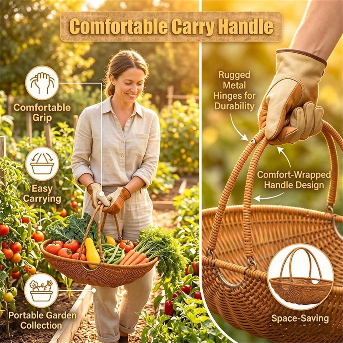Gardening Tools Basket - سلة حصاد من الخيزران بمقبض قابل